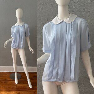 Vintage 80s Pale Blue Sheer Pleated Peter Pan Collar Top Blouse M